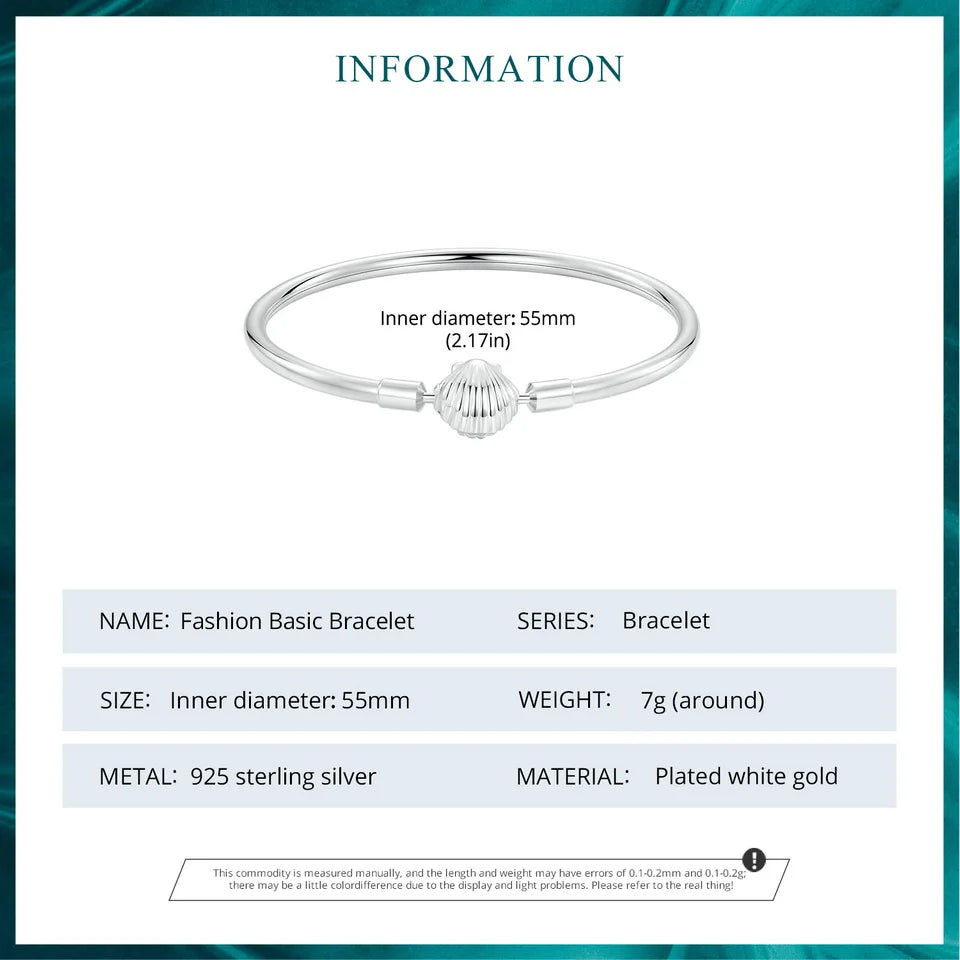 BAMOER Authentic 925 Sterling Silver Charm Bracelet, Classic Heart/Shell Basic Bangle for Women Charm Beads DIY Jewelry BSB192