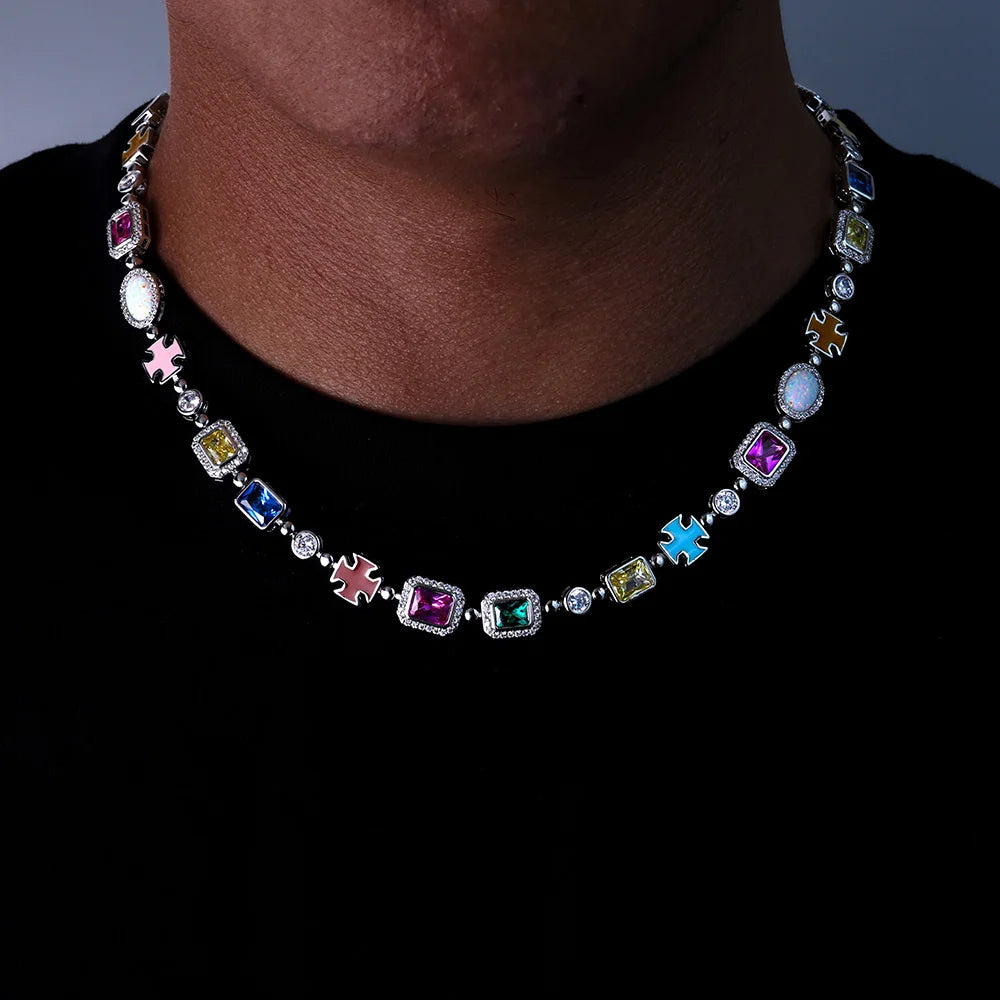 10mm Multicolor Green Blue Red Yellow Black Gem Stone Enamel Cross Chain 18K Gold Plated Jewelry Big Gemstone Necklace Women