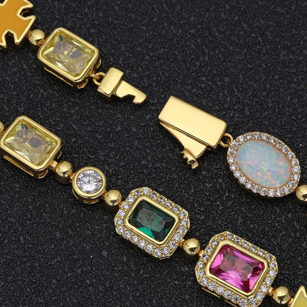 10mm Multicolor Green Blue Red Yellow Black Gem Stone Enamel Cross Chain 18K Gold Plated Jewelry Big Gemstone Necklace Women