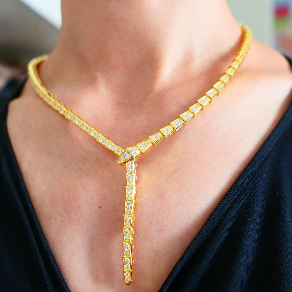 Slim Classic Fashion Full Zircon Diamond Stone Narrow Snake Shaped Choker Necklace Women Luxury Designer Gold plated Jewelry