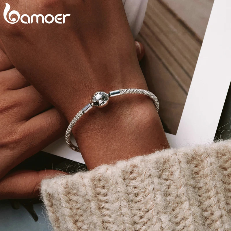 BAMOER 925 Sterling Silver Classic Love Forever Snake Chain Bracelets for Women Charm Bead DIY Fine Jewelry 17CM 19CM SCB105