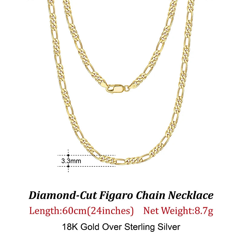 ORSA JEWELS Trendy Men Woman Figaro Chain Necklace 3.3/5/7mm Diamond-Cut Figaro Chain 925 Silver Jewelry Party Gift OSC34