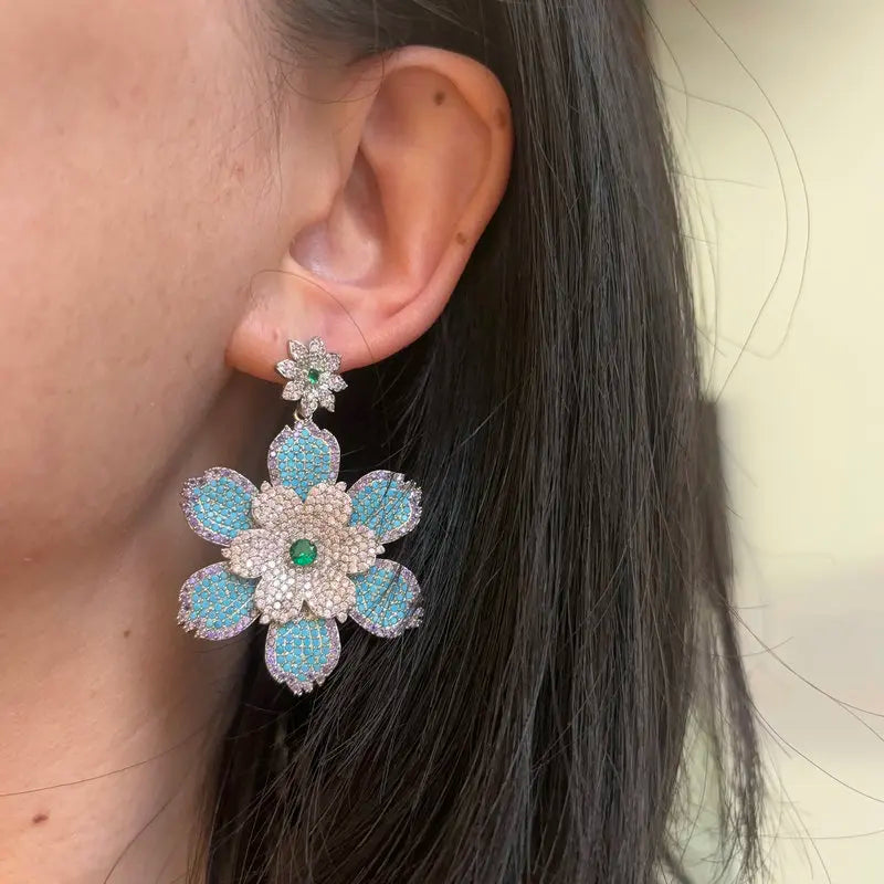 Bilincolor Luxury Blue Flower Earring for Women Wedding Jewelry Gift