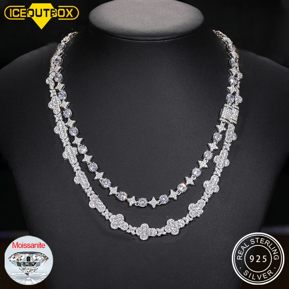 2pcs 925 Sterling Silver Star Round Cross Moissanite Tennis Chain Necklace For Women Men Couple Hip Hop Jewelry For Christmas
