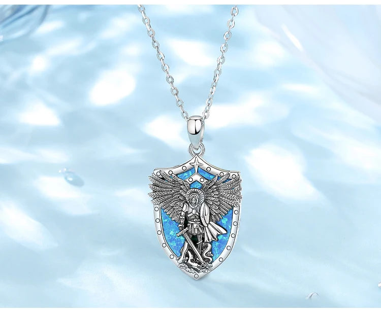 St Michael Pendant Eudora 925 Sterling Silver Archangel opal Amulet Necklace Religious Jewelry Gift for Men Women