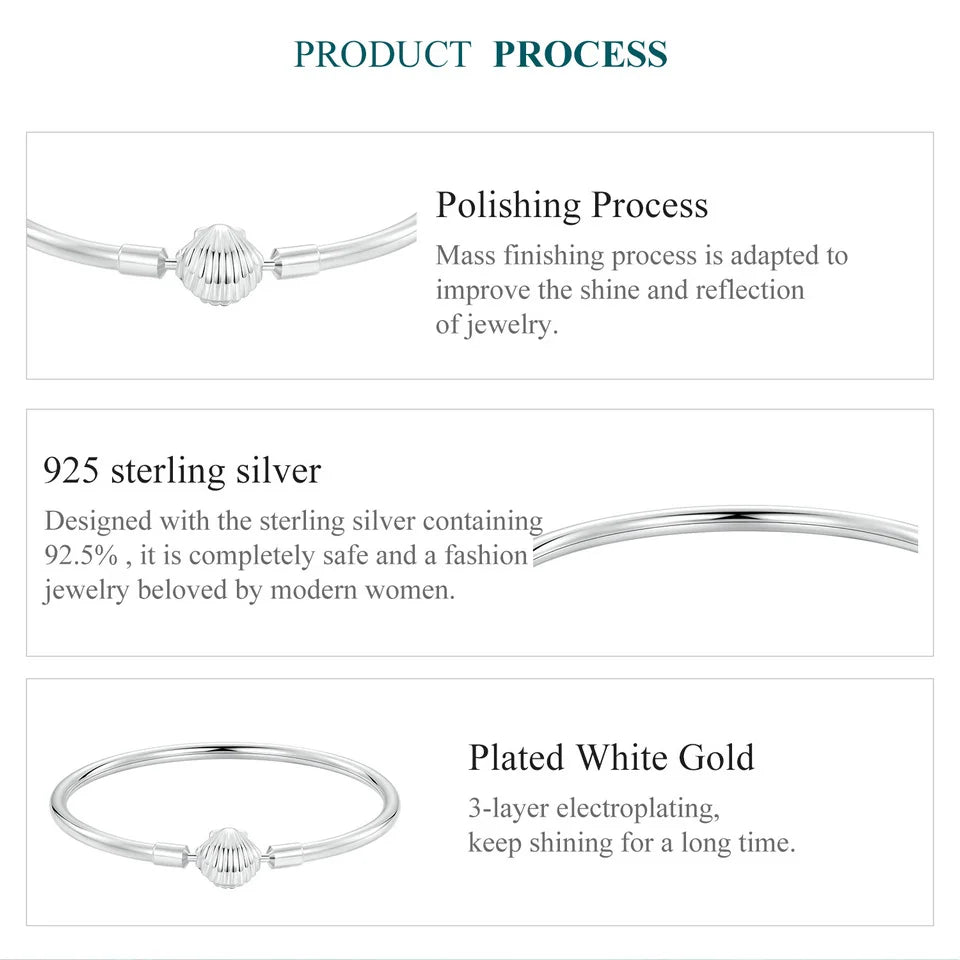 BAMOER Authentic 925 Sterling Silver Charm Bracelet, Classic Heart/Shell Basic Bangle for Women Charm Beads DIY Jewelry BSB192