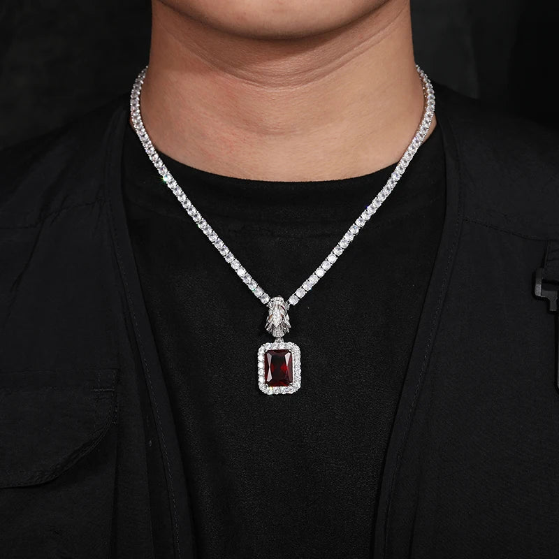 S925 Domineering Triangle Dragon Head Bail Red Cubic Zirconia Gem Pendant Necklace For Men Animal Hip Hop Men Jewelry Gifts