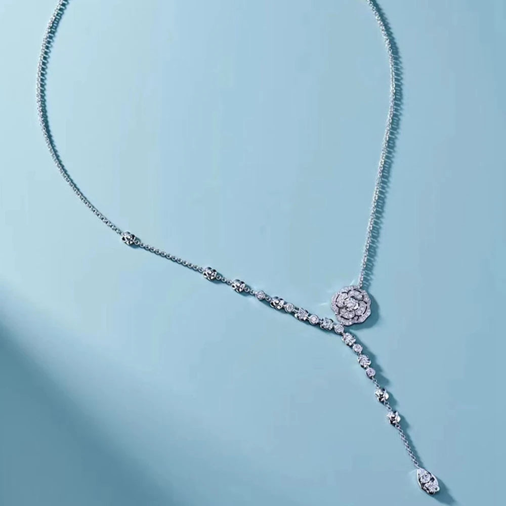 shop 100% 925 Sterling Silver Rose Flowers Lab White Sapphire Gemstone Women Necklace Pendant Wedding Party Fine Jewelry