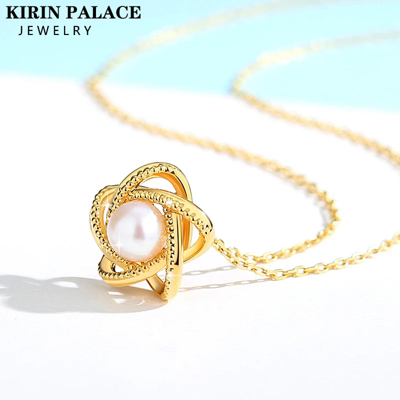 18K Yellow Gold Necklace Lucky Stars Pendant Freshwater Pearl Pure AU750 Fine Jewelry for Women Dropshipping
