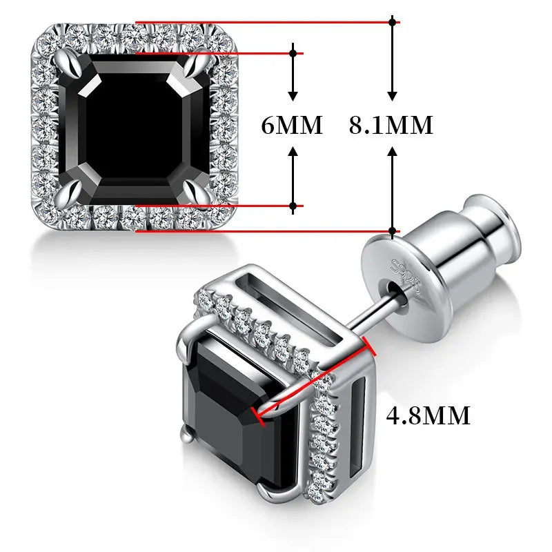 All Moissanite Stud Earrings for Women Men Black Square D Color Diamond S925 Sterling Silver 18K White Gold Plated Jewelry Gift