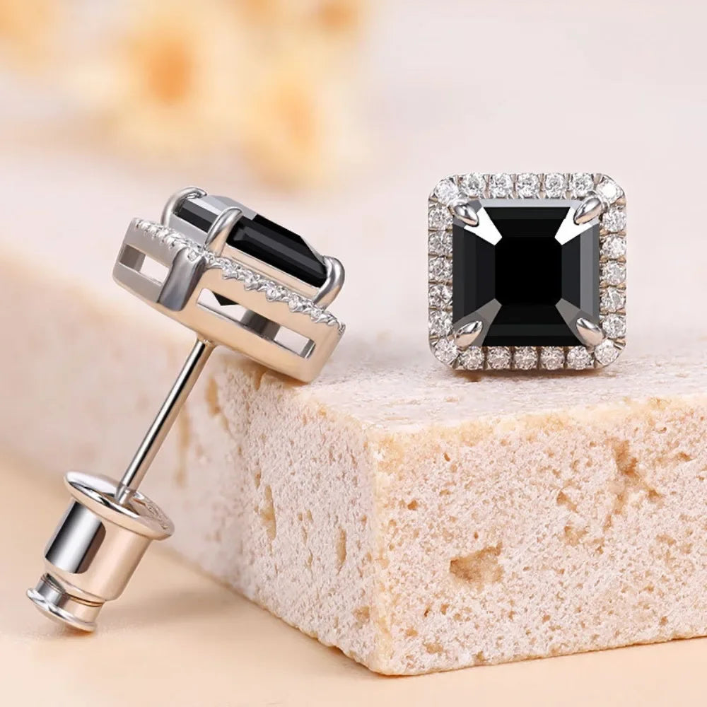 All Moissanite Stud Earrings for Women Men Black Square D Color Diamond S925 Sterling Silver 18K White Gold Plated Jewelry Gift