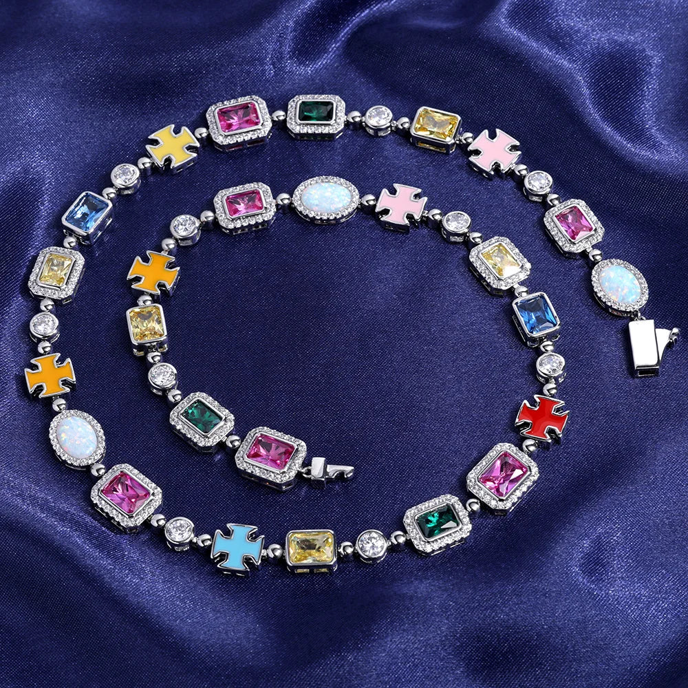 10mm Multicolor Green Blue Red Yellow Black Gem Stone Enamel Cross Chain 18K Gold Plated Jewelry Big Gemstone Necklace Women