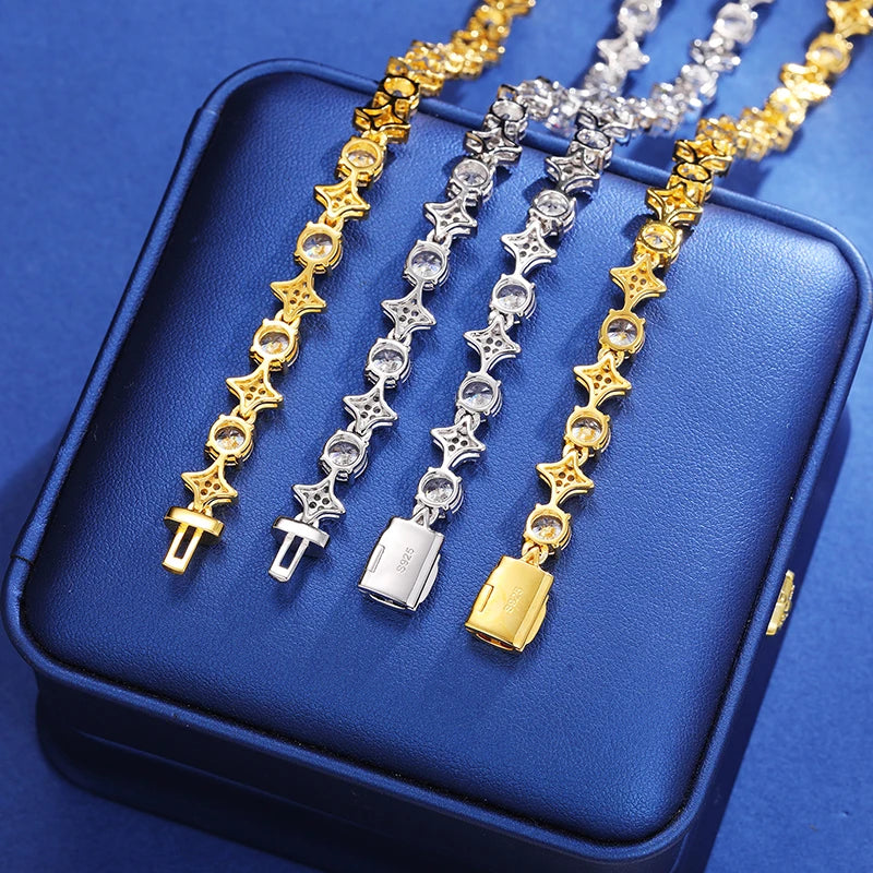 2pcs 925 Sterling Silver Star Round Cross Moissanite Tennis Chain Necklace For Women Men Couple Hip Hop Jewelry For Christmas