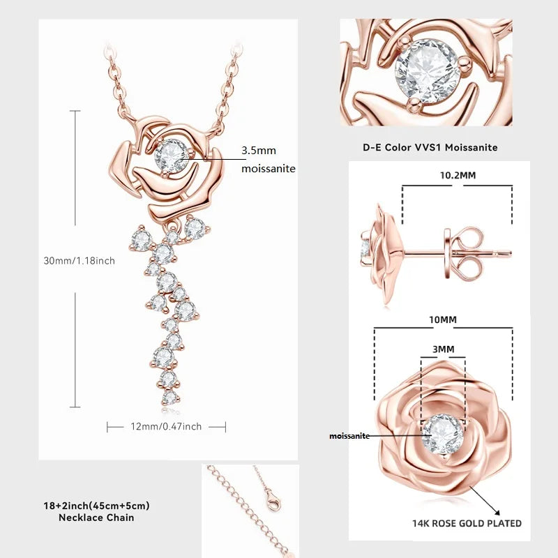 925 Sterling Silver Flower Jewelry Set Rose Gold Plated D Moissanite Pendant Necklace Stud Earrings Set for Women Wedding Gift