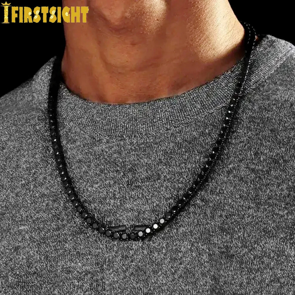New Black Color Cubic Zirconia Tennis Chain Necklace Iced Out Bling 5mm Stone Link Charm Hip Hop For Women Men Jewelry