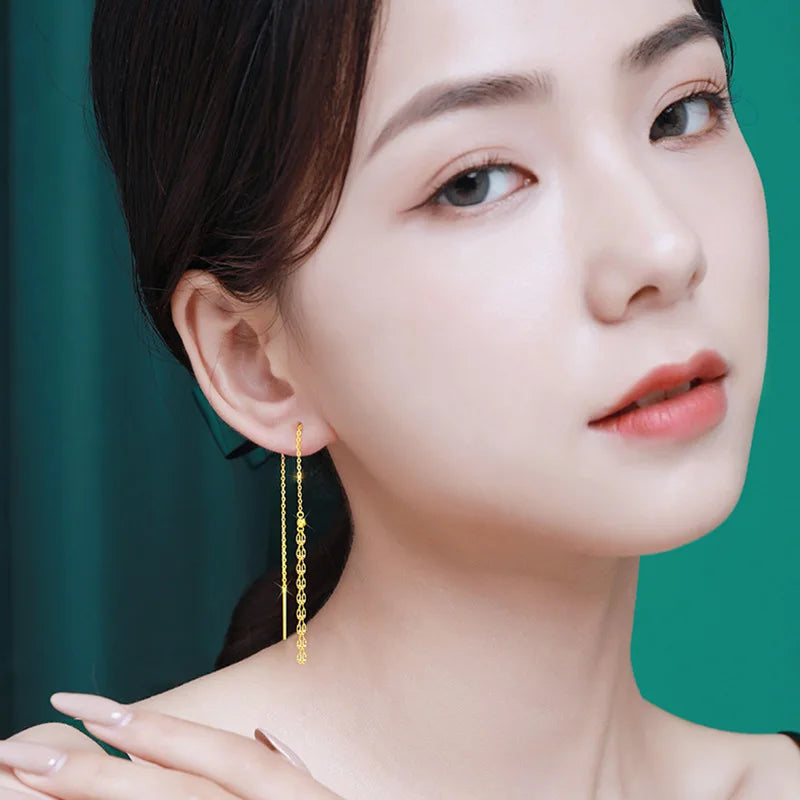 24K gold hollow phoenix tail long tassel earrings AU999 pure gold temperament phoenix tail womens earrings holiday gift