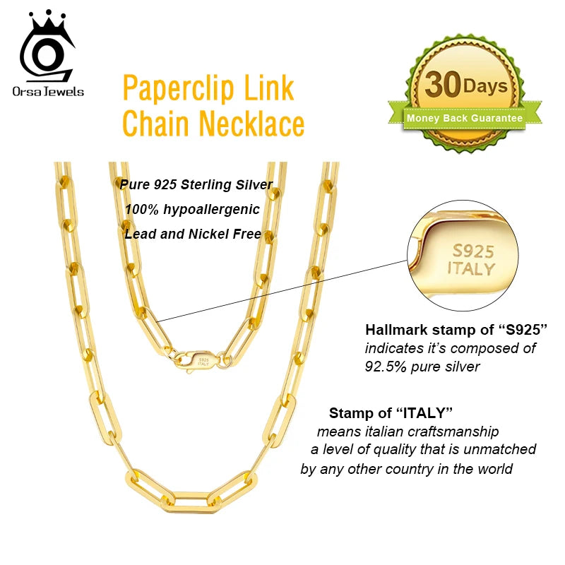 ORSA JEWELS Genuine 925 Sterling Silver Paperclip Neck Chain 6/9.3/12mm Basic Link Chain Necklace for Men Women Jewelry SC39