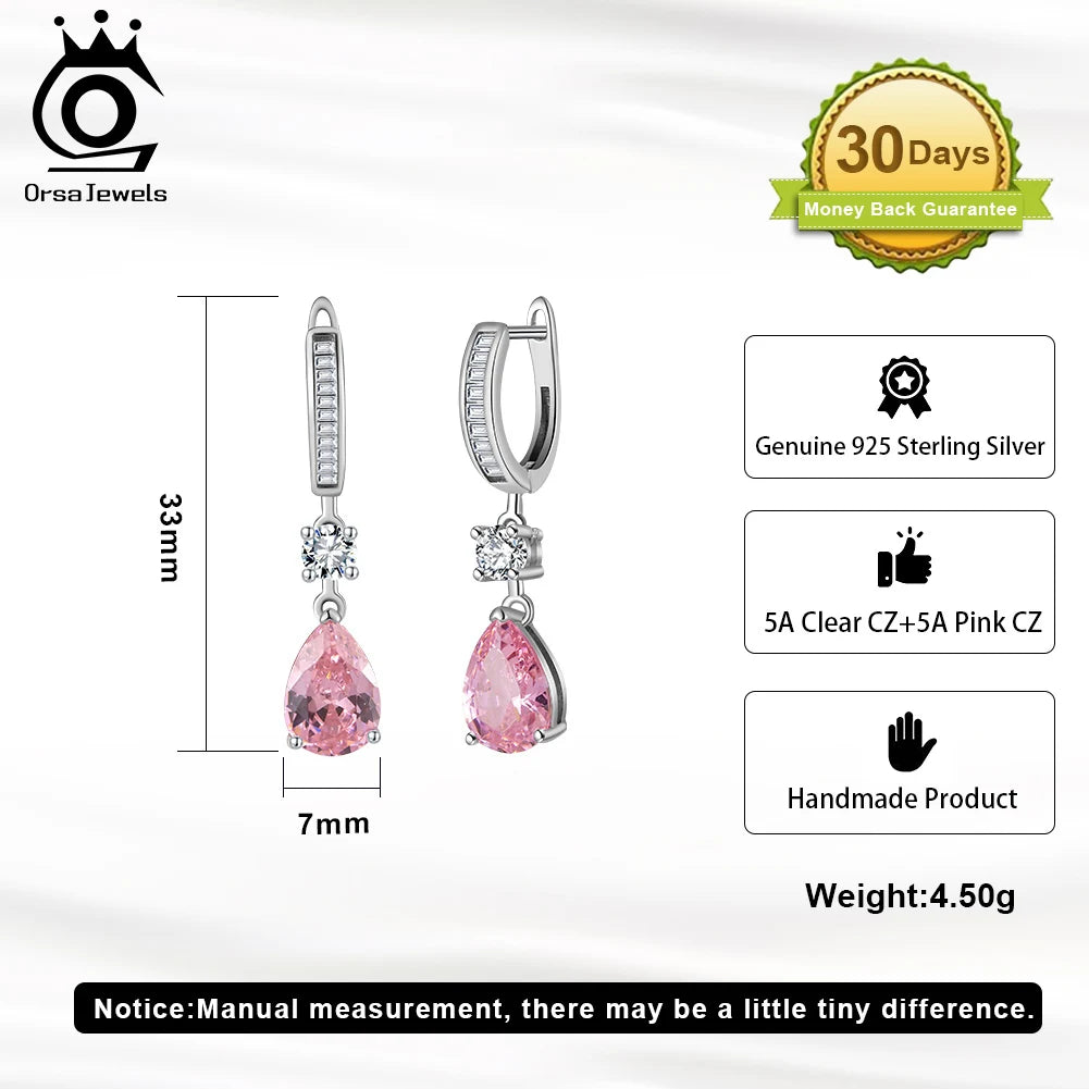 ORSA JEWELS Genuine 925 Sterling Silver 5A Clear Pink CZ Dangle Earrings with Rhodium Drop Earrings for Women Jewelry LZE33