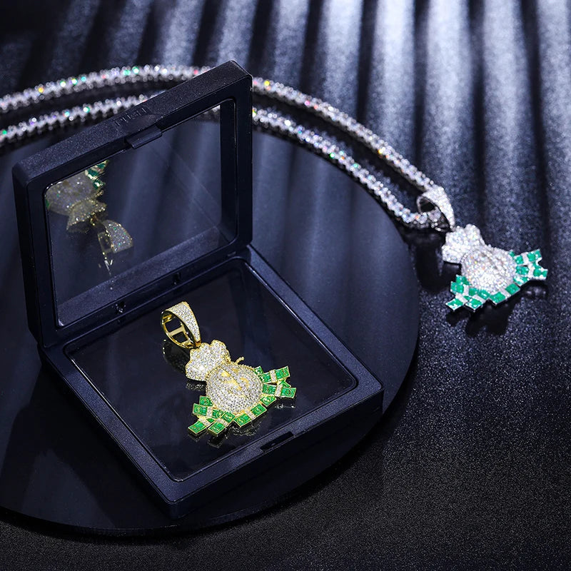 S925 Silver Fashion Personality Dollar Money Bag Pendant Necklaces D Color VVS Moissanite Creativity Hip Hop Iced Out Jewelry