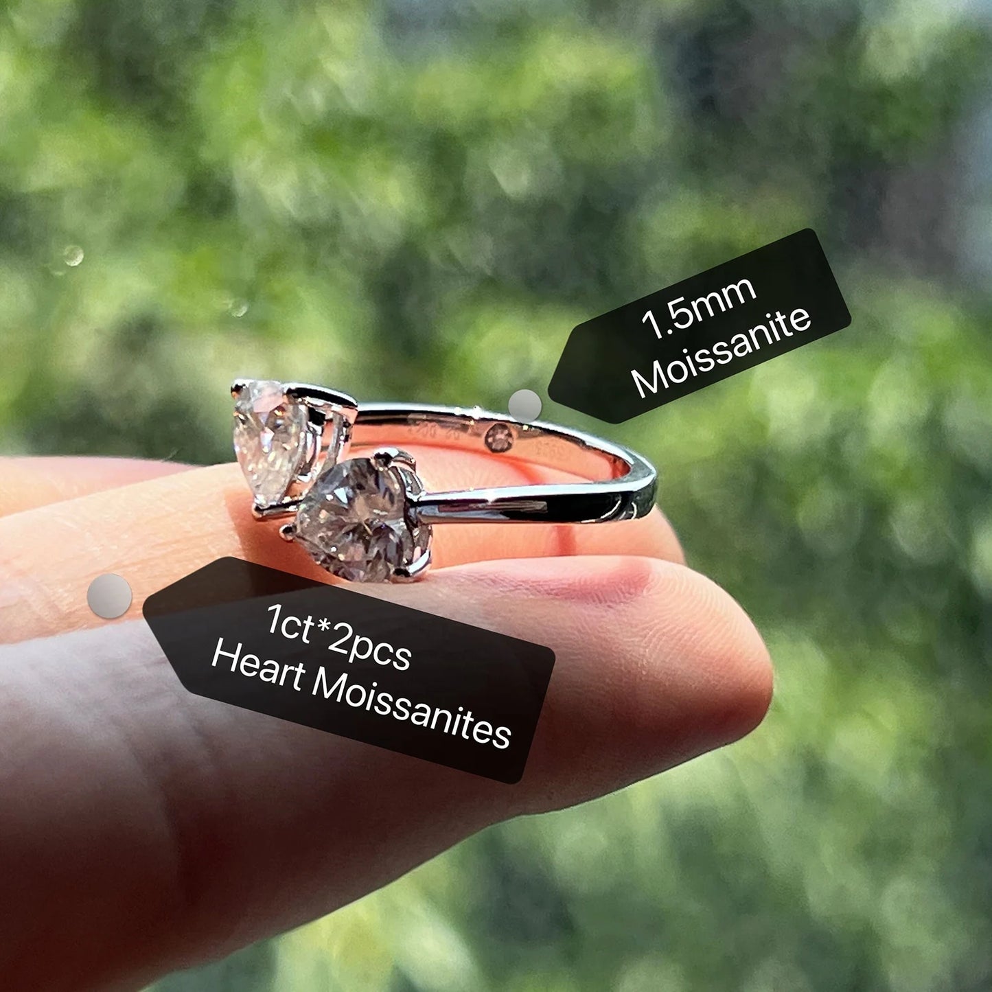 AnuJewel 2 Carat D Color Heart Moissanite Anti-Stress Ring 925 Sterling Silver Two Stone Engagement Wedding Women's Ring