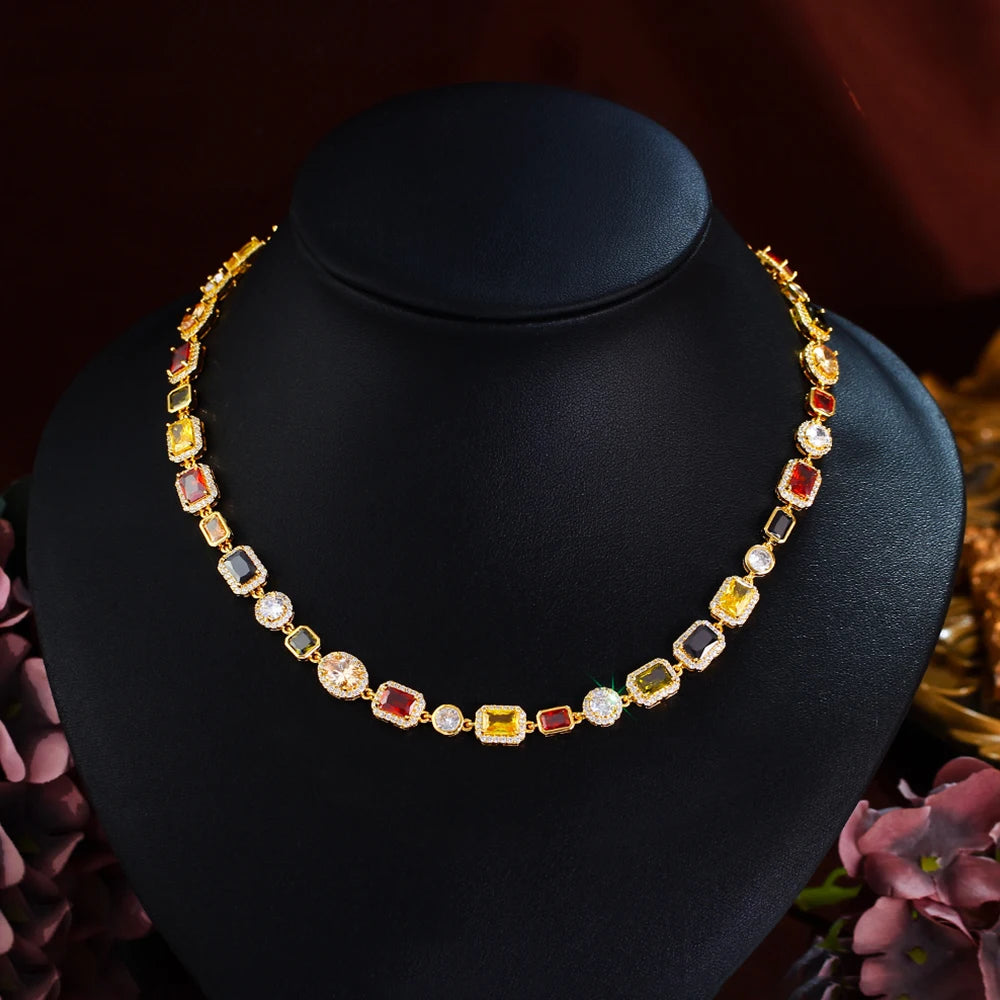 BeaQueen Lovely Geometric Colorful Cubic Zirconia Yellow Gold Plated Necklaces Chain for Women Festive Party Jewelry Gifts N026