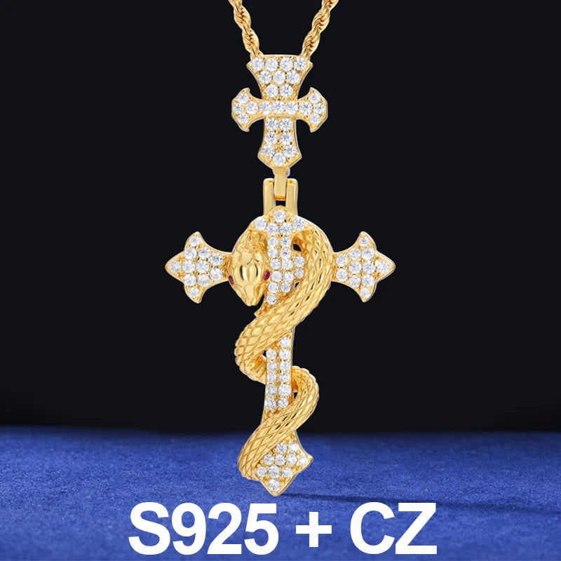 2025 New Snake Winding Cross Pendant Necklace For Men Women 925 Sterling Silver Moissanite Iced Out Bling Hip Hop Jewelry Gifts