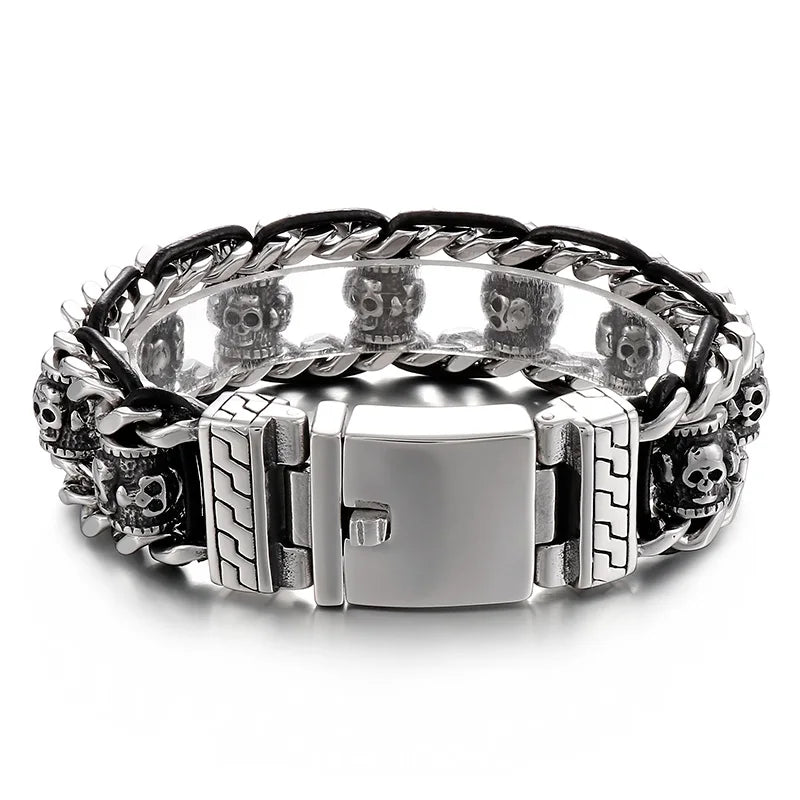 22mm Punk Retro Skull Head Bracelet for Men Hiphop Rock Stainless Steel Male Gothic Biker Bike Leather Bangle Wristband Jewelry