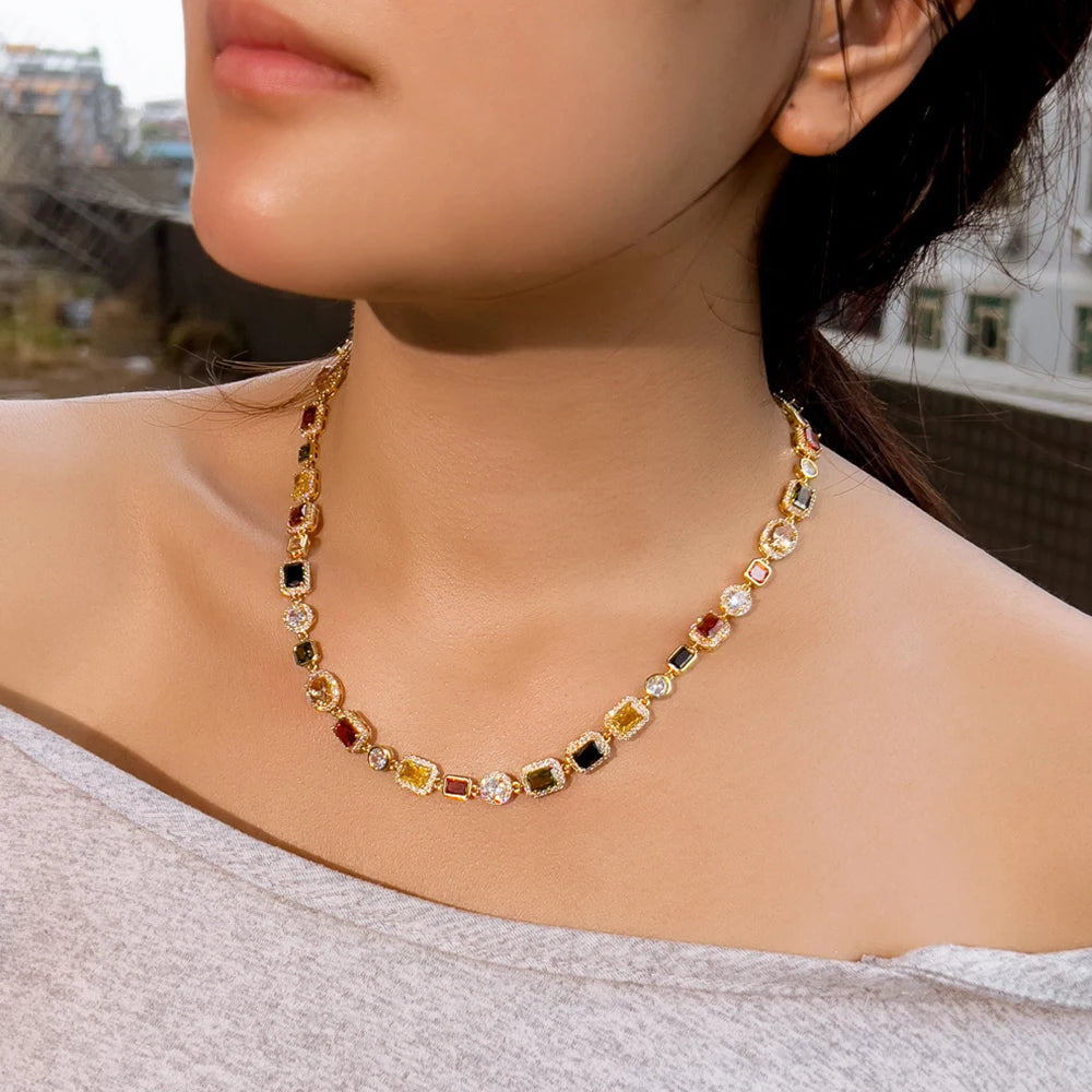 BeaQueen Lovely Geometric Colorful Cubic Zirconia Yellow Gold Plated Necklaces Chain for Women Festive Party Jewelry Gifts N026