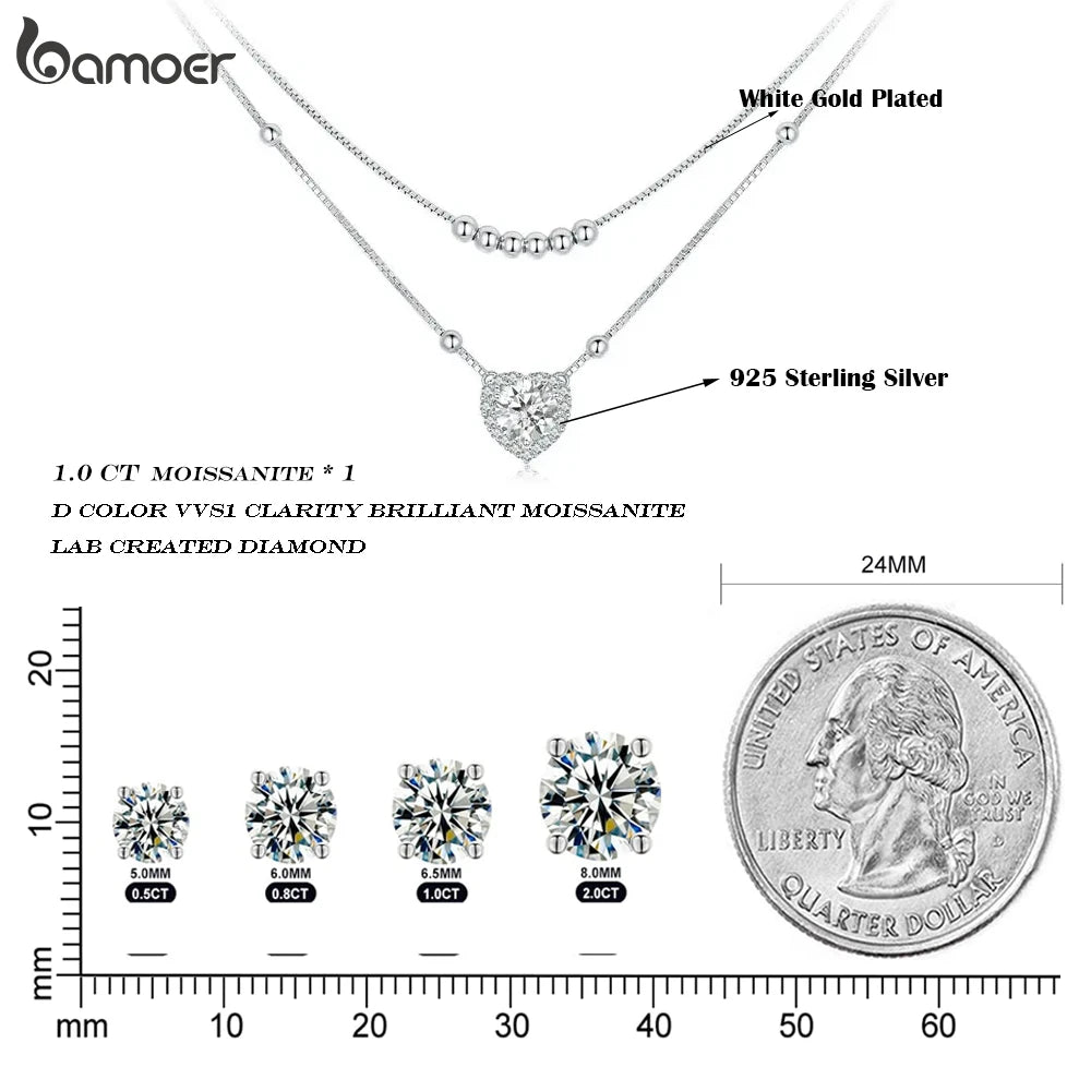 Bamoer 925 Sterling Silver Halo Heart Moissanite Pendant Necklace Double-layer Necklace for Women Valentine's Day Gift