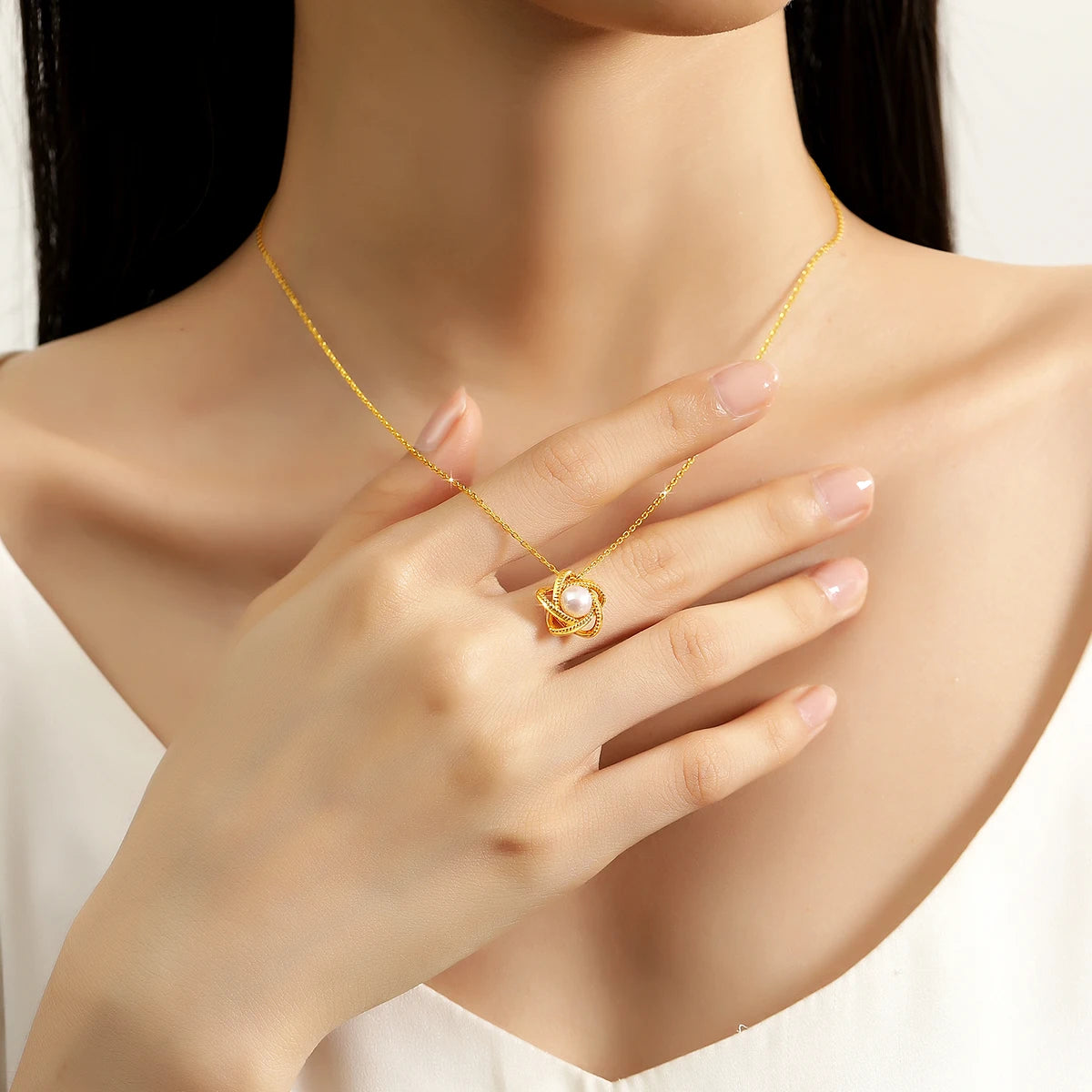 18K Yellow Gold Necklace Lucky Stars Pendant Freshwater Pearl Pure AU750 Fine Jewelry for Women Dropshipping