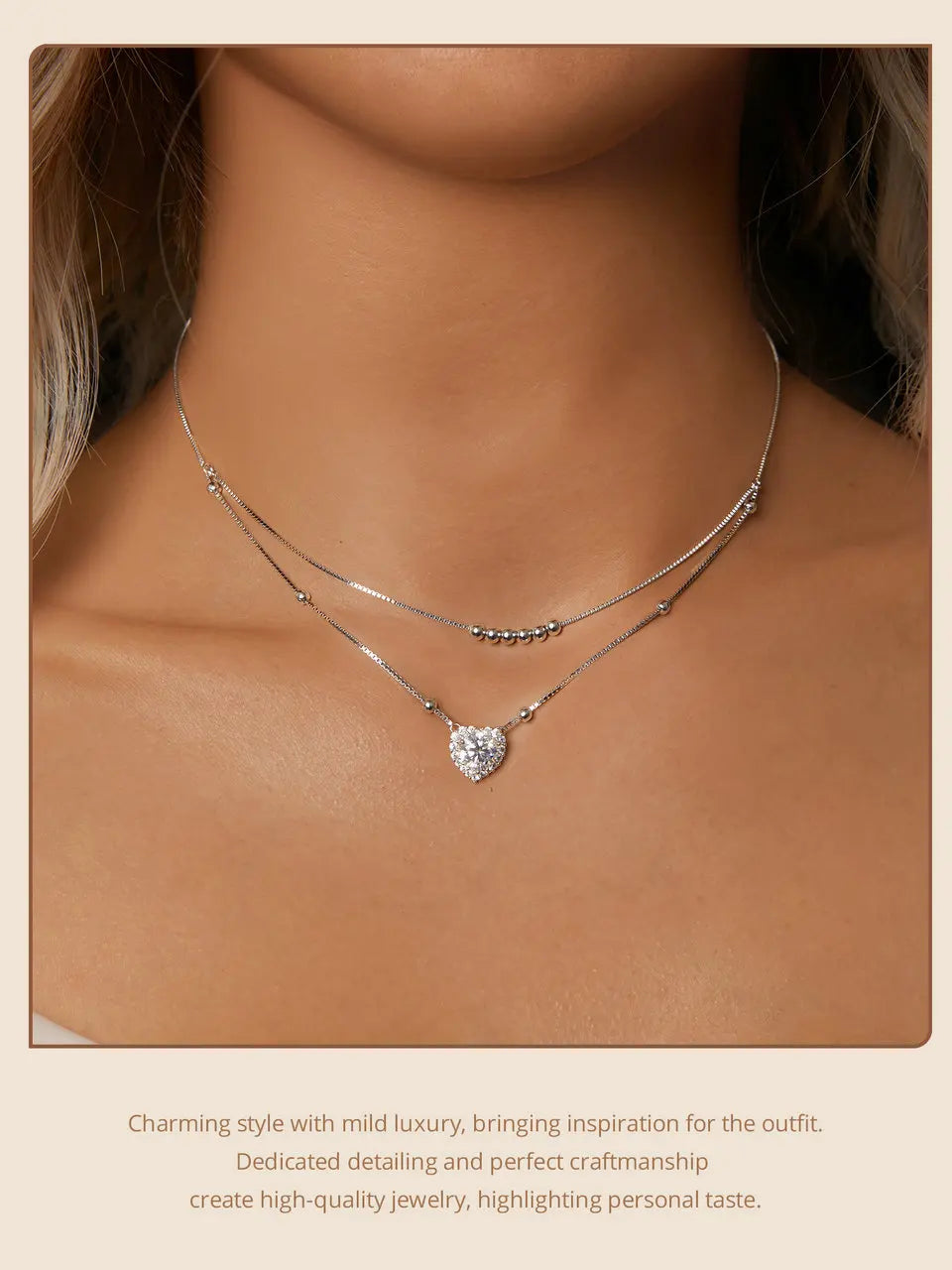 Bamoer 925 Sterling Silver Halo Heart Moissanite Pendant Necklace Double-layer Necklace for Women Valentine's Day Gift