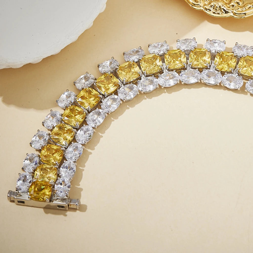 Women's Multi Layer Cushion Cut Yellow Zirconia Gem Diamond Tennis Italian Bracelet Silver Gold Plated Luxury Designer Jewelry