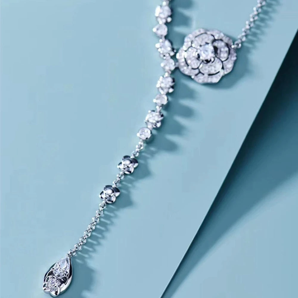 shop 100% 925 Sterling Silver Rose Flowers Lab White Sapphire Gemstone Women Necklace Pendant Wedding Party Fine Jewelry