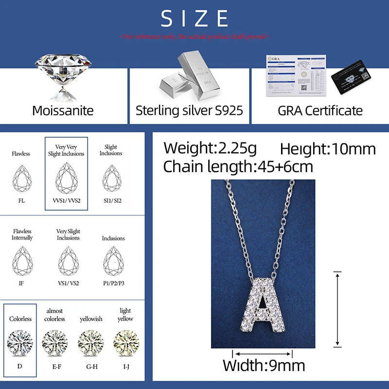 Simple 925 Silver Moissanite 26 Letter Pendant Necklace Fashion Women A-Z Initials Choker Clavicle Chain Jewelry Christmas Gifts