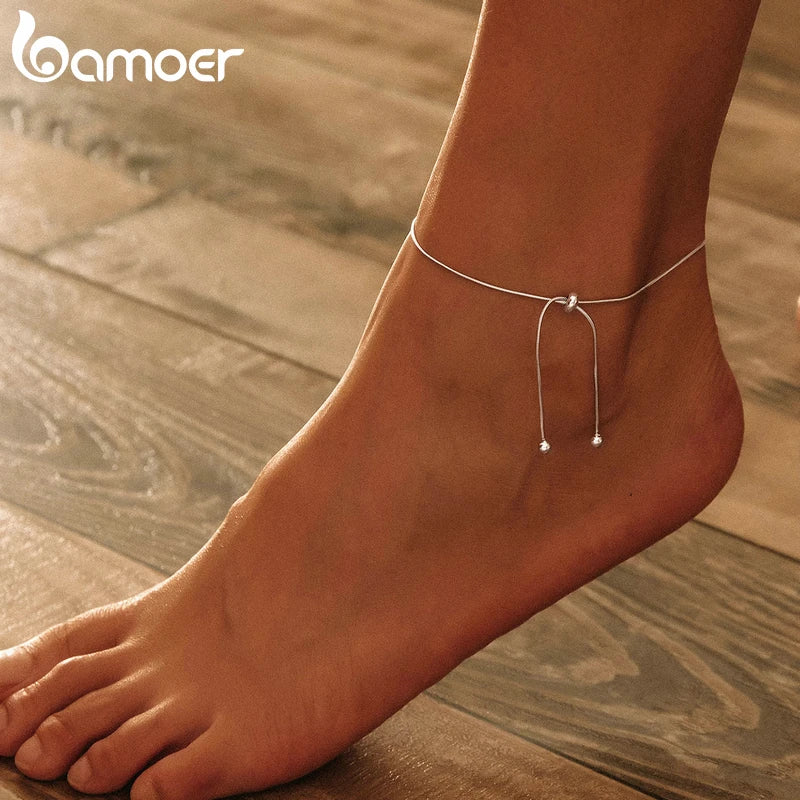 BAMOER Genuine 925 Sterling Silver Adjustable Snake Charm Anklet for Women Foot Bracelet Jewelry Minimalist Jewelry 30CM SCT016