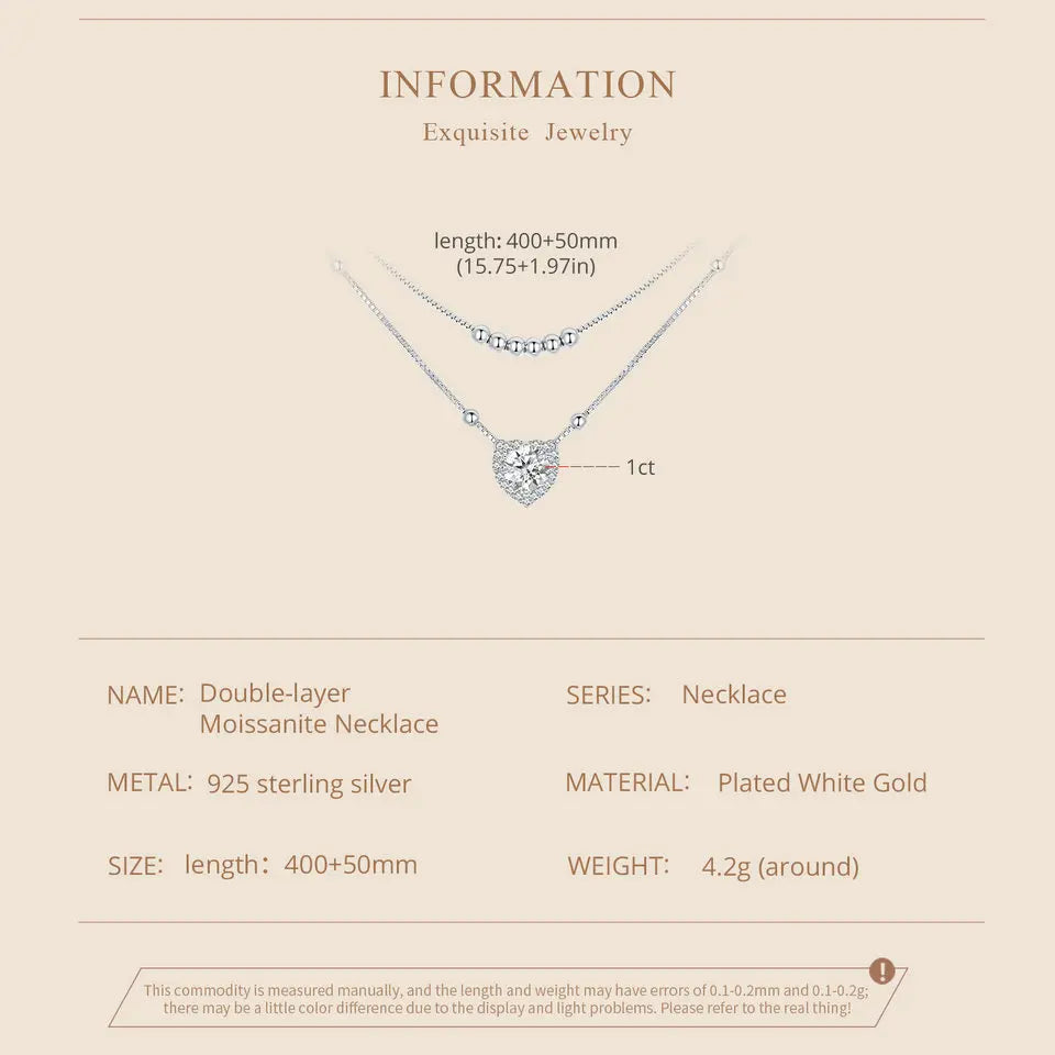Bamoer 925 Sterling Silver Halo Heart Moissanite Pendant Necklace Double-layer Necklace for Women Valentine's Day Gift