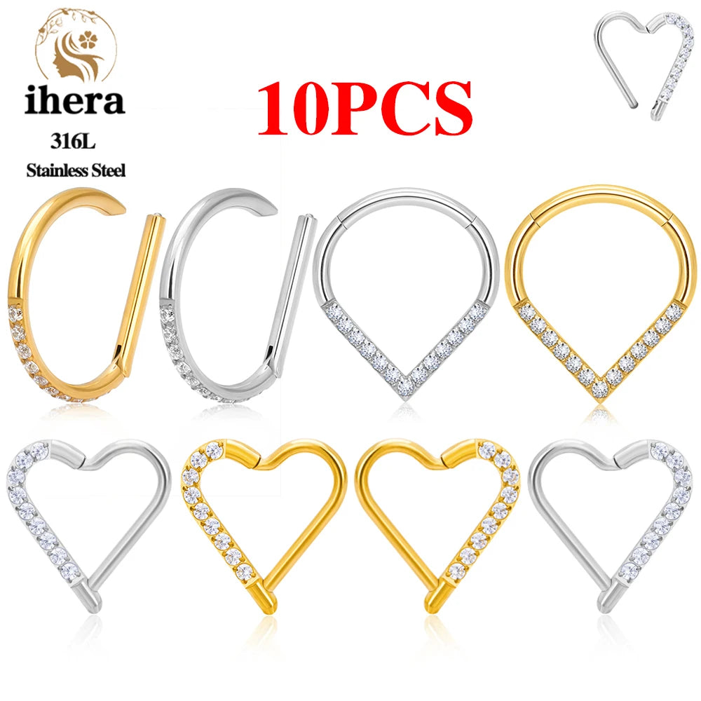 10PCS Stainless Steel D Shape Water Drop Nose Rings 16G CZ Septum Ring Ear Cartilage Tragus Helix Daith Earring Piercing Jewelry