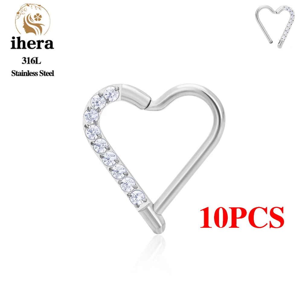 10PCS Stainless Steel D Shape Water Drop Nose Rings 16G CZ Septum Ring Ear Cartilage Tragus Helix Daith Earring Piercing Jewelry