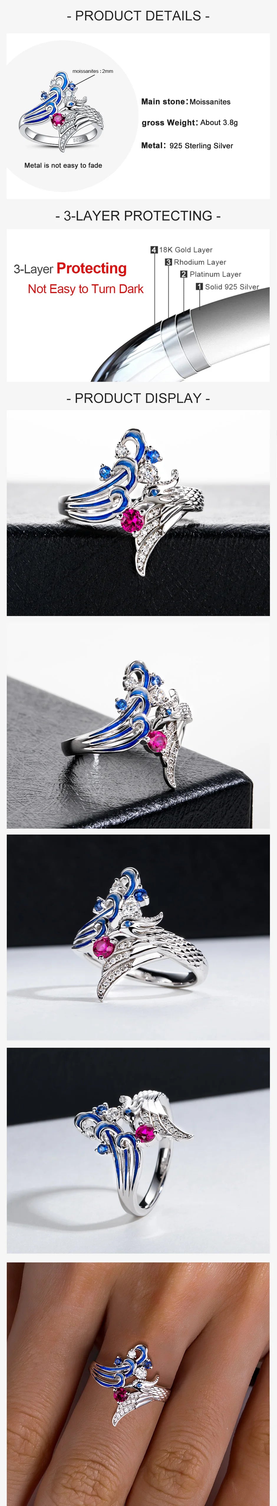 AnuJewel Moissanites Phoenix Wedding Bands Ring Classic of Mountains and Seas 925 Sterling Silver Wings Bridal Ring For Girls