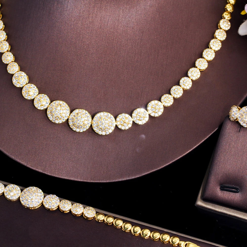 BeaQueen Dubai Gold Color Jewellery Sets for Women Round Drop Long Earrings and Tennis Necklace 4pcs Brides Dress Jewelry S329