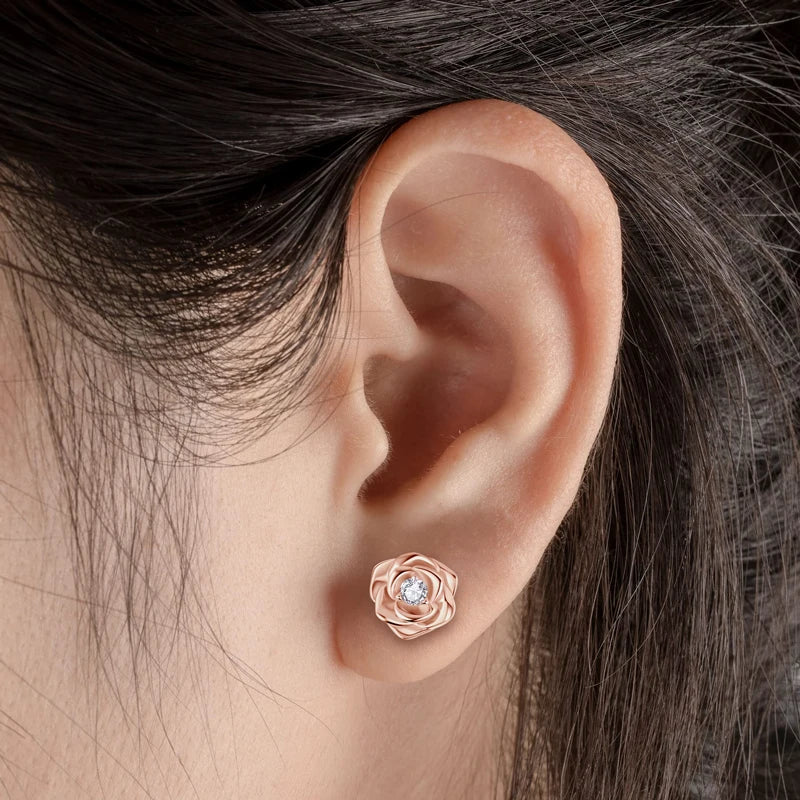 925 Sterling Silver Flower Jewelry Set Rose Gold Plated D Moissanite Pendant Necklace Stud Earrings Set for Women Wedding Gift