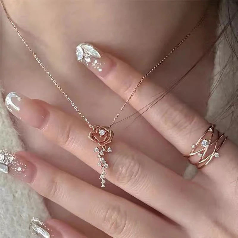 925 Sterling Silver Flower Jewelry Set Rose Gold Plated D Moissanite Pendant Necklace Stud Earrings Set for Women Wedding Gift