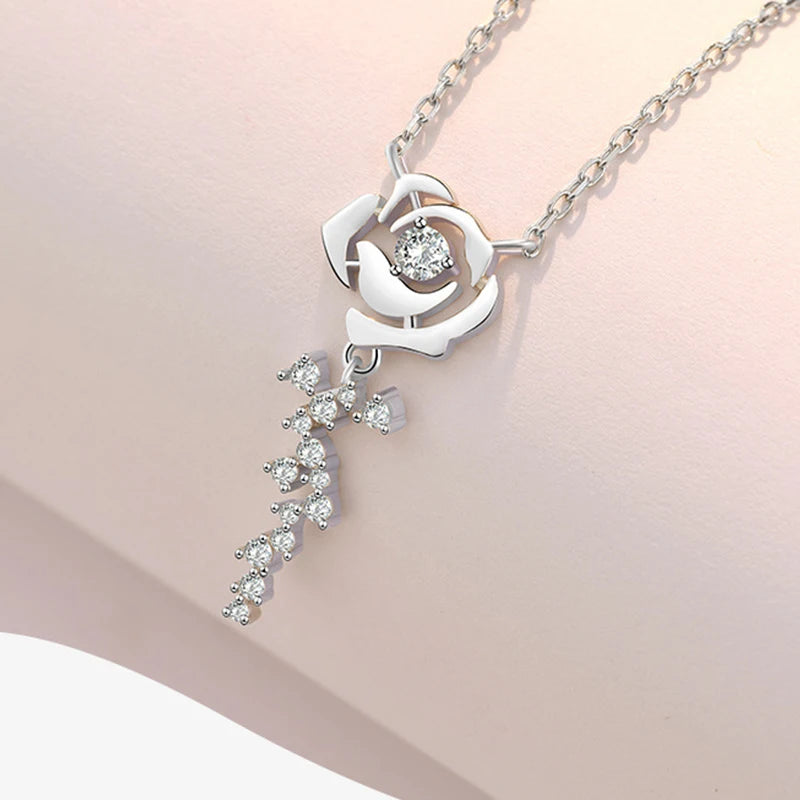925 Sterling Silver Flower Jewelry Set Rose Gold Plated D Moissanite Pendant Necklace Stud Earrings Set for Women Wedding Gift