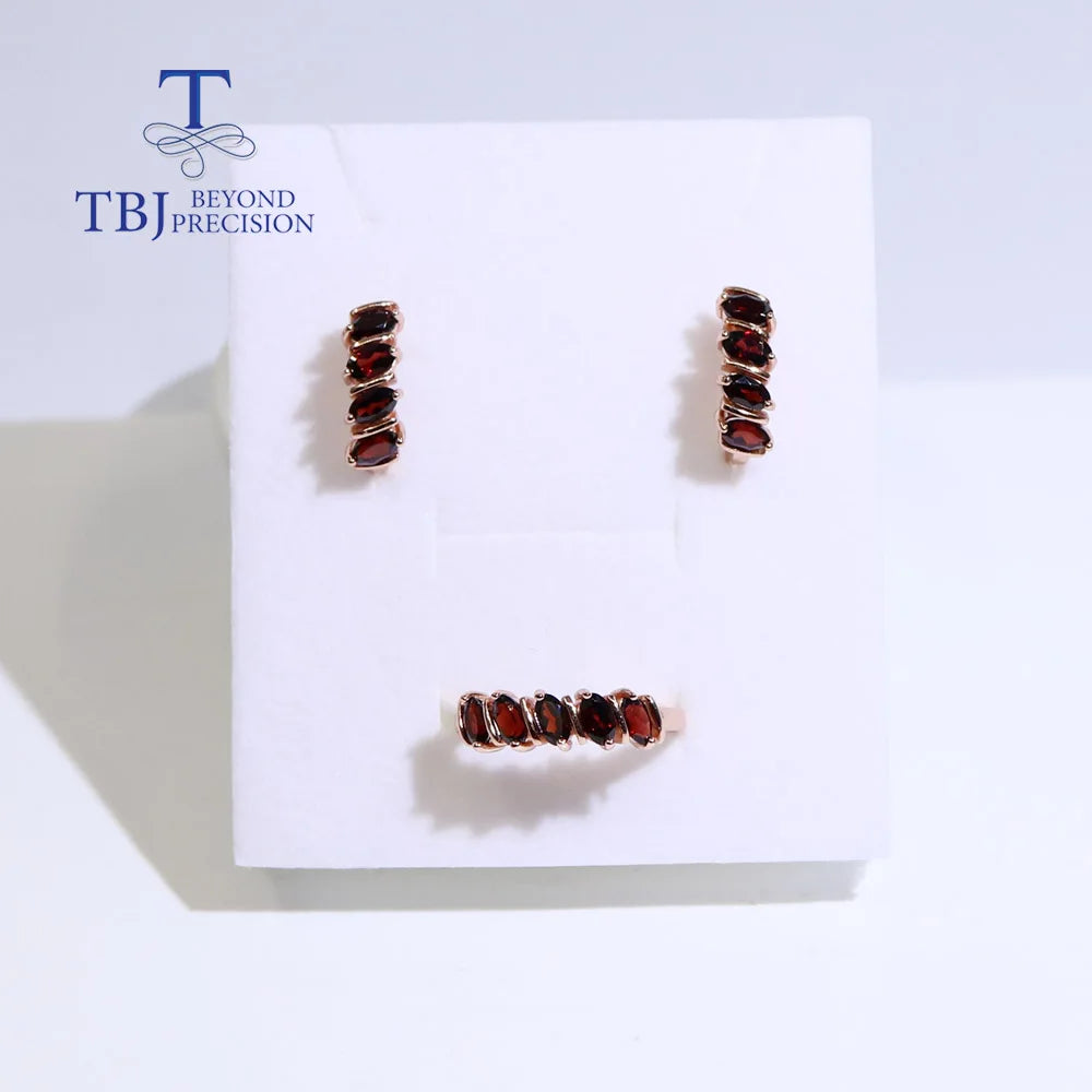 Simple design natural garnet for women Fine jewelry 925 silver gemstone ring earrings jewelry set daily wear gift