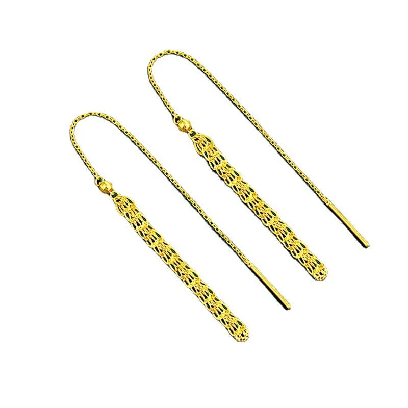 24K gold hollow phoenix tail long tassel earrings AU999 pure gold temperament phoenix tail womens earrings holiday gift