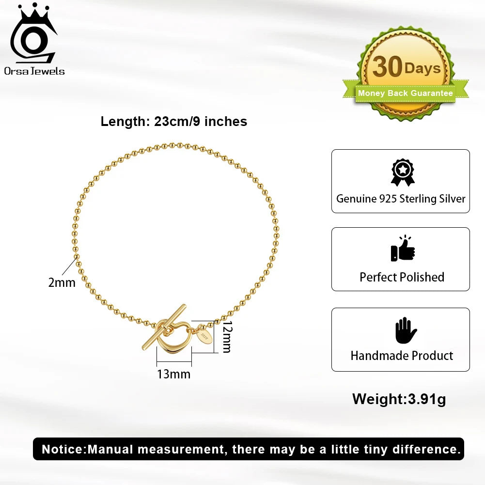 ORSA JEWELS 925 Sterling Silver 2.0mm Bead Chain Bracelet for Women with Heart Toggle Clasp Foot Ankle Straps Jewelry SA68