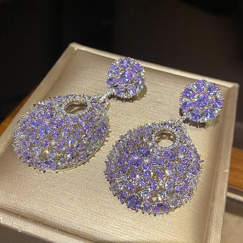 2023 Retro Round Set Purple Diamond Fashion Women's Exaggerated Silver Needle Earrings