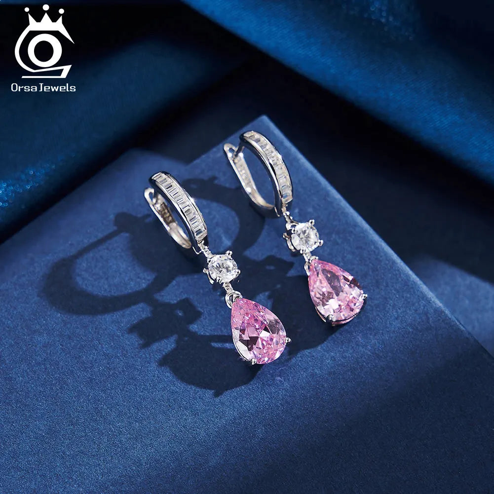 ORSA JEWELS Genuine 925 Sterling Silver 5A Clear Pink CZ Dangle Earrings with Rhodium Drop Earrings for Women Jewelry LZE33