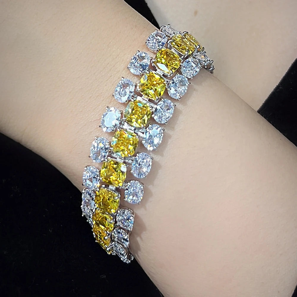 Women's Multi Layer Cushion Cut Yellow Zirconia Gem Diamond Tennis Italian Bracelet Silver Gold Plated Luxury Designer Jewelry