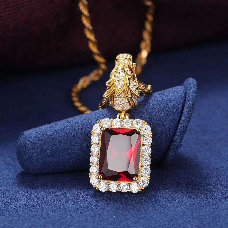 S925 Domineering Triangle Dragon Head Bail Red Cubic Zirconia Gem Pendant Necklace For Men Animal Hip Hop Men Jewelry Gifts